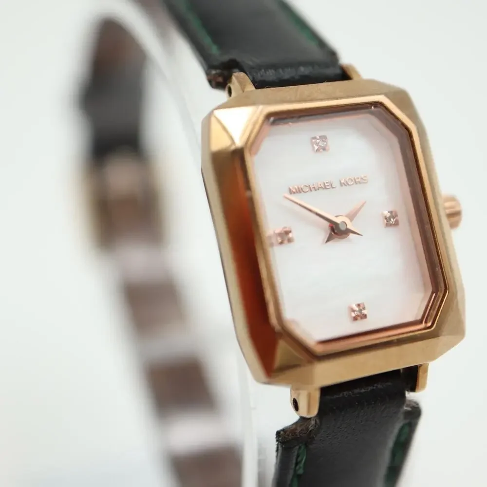 Michael Kors Alane Watch 18mm Rose Gold Tone MOP Rectangle Tank Leather MK2923